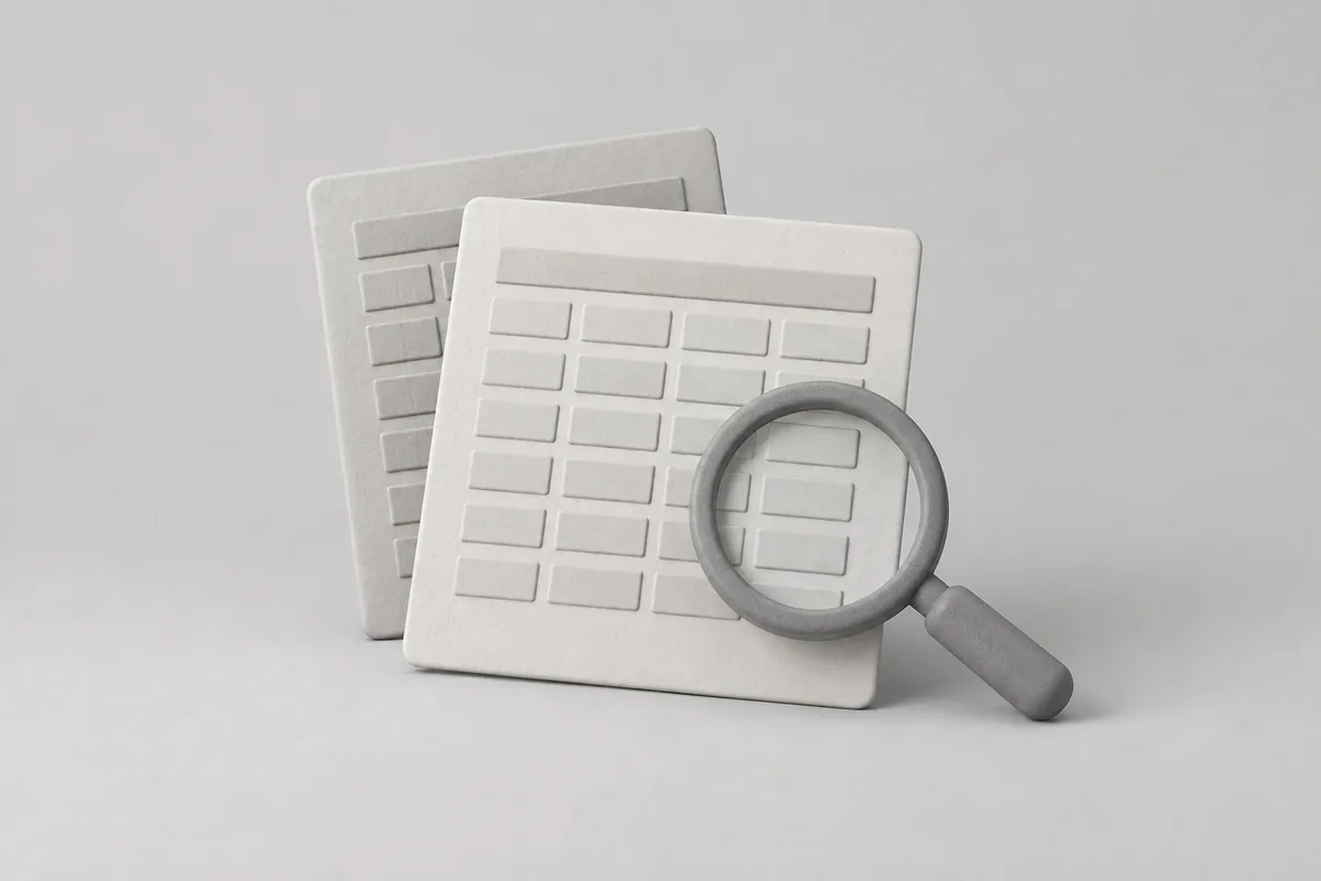 Monochrome illustration of a table and magnifying glass representing data review