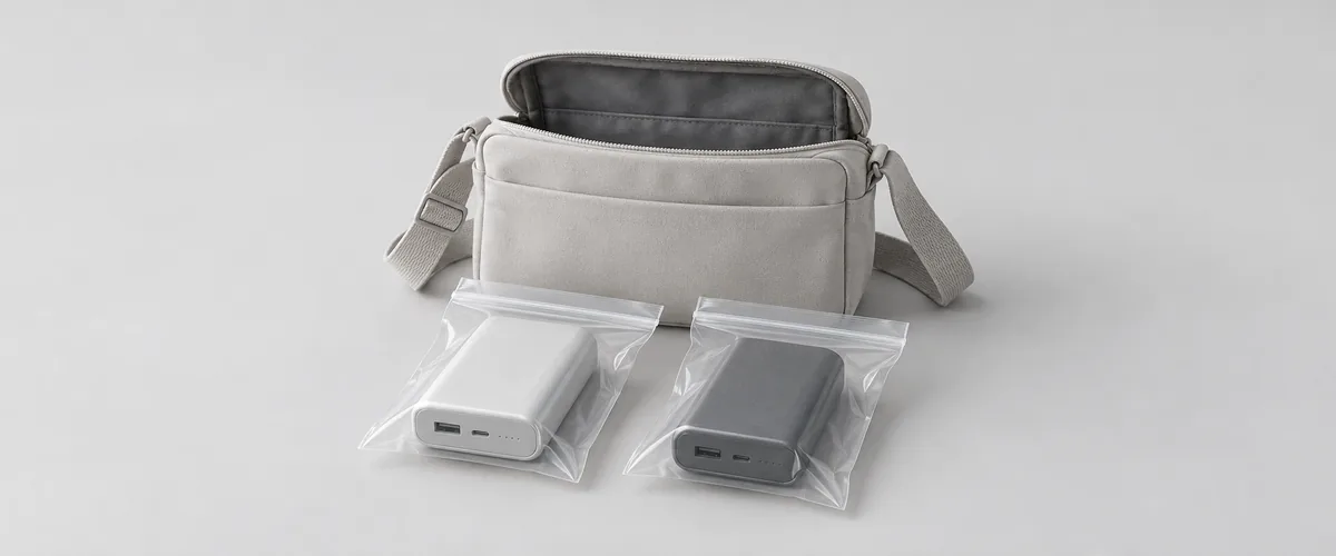 Ilustración de dos baterías externas separadas en bolsas con cierre y una bolsa de mano