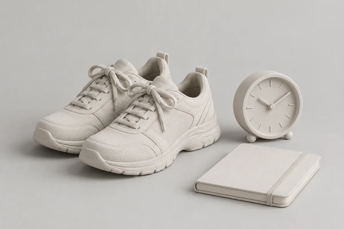 Ilustración monocroma de calzado para caminar, un reloj y un cuaderno